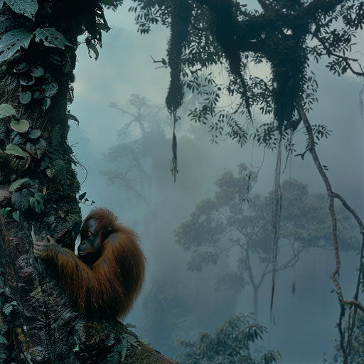 Tapanuli orangutan nestled in a tree at dawn