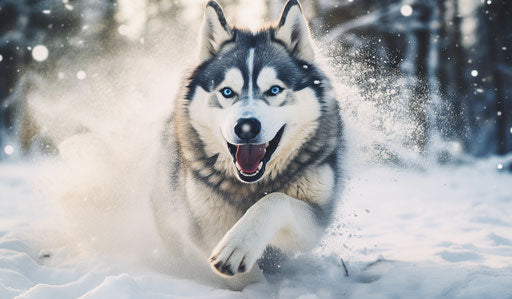 Husky dog running in snow, silver and navy style