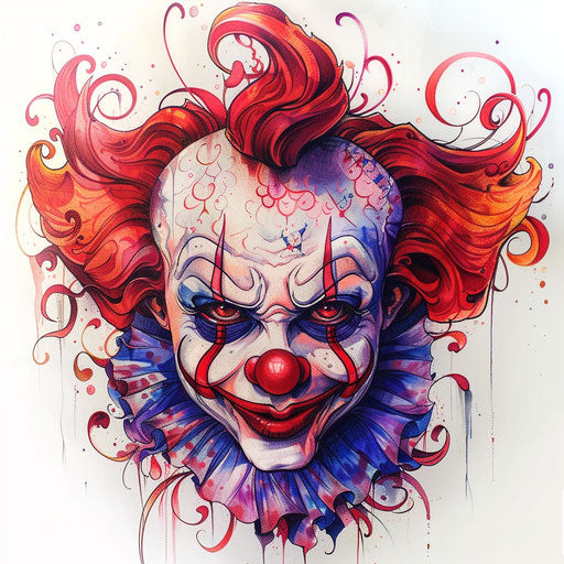Detailed clown tattoo design with bright colors on a pure white background