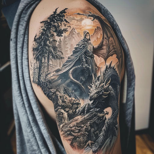 Mythical creature shoulder tattoo with dragons and wizards