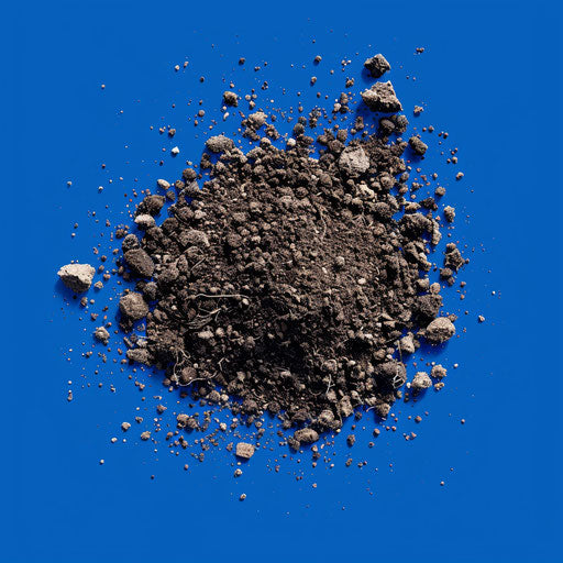 On a flat, royal blue background, a photo realistic soil clipart shines with enhanced vibrancy and clear contours