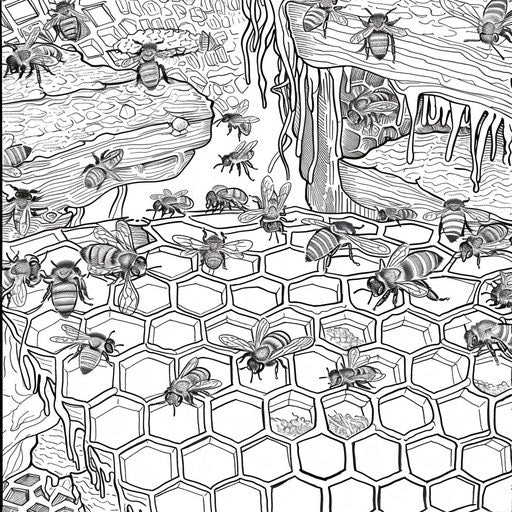 Inside a beehive: bees hard at work. Coloring page