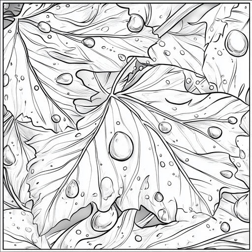 Detailed raindrops on leaves, Detmold style