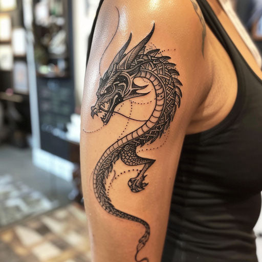Bicep tattoo of a tribal dragon, Humberto Ramos style