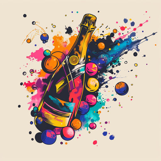 Sketch of vibrant flat tattoo of champagne bottle popping with colorful bubbles