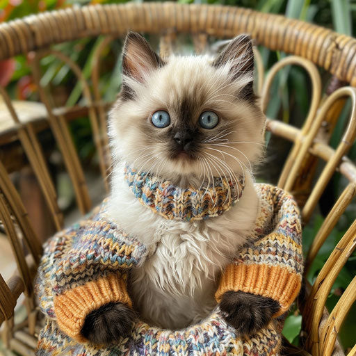 Himalayan kitten wearing a cute sweater, sitting in a wicker chair