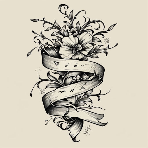 Sketch of retro-inspired ribbon tattoo with vintage typography and patterns