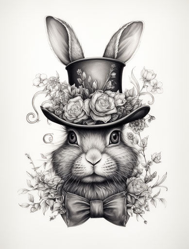 Rabbit in a top hat, pencil hand drawn art