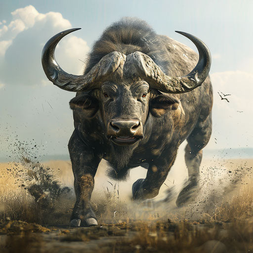Wild buffalo in dynamic pose in the style of Will Burrard-Lucas