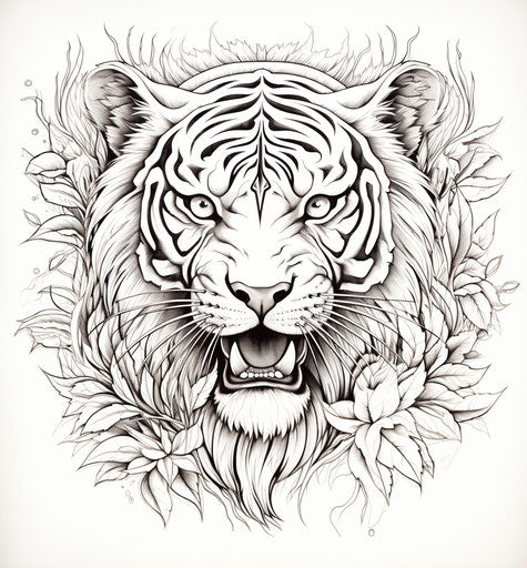 Black and white drawing of a tiger head, screen printing style