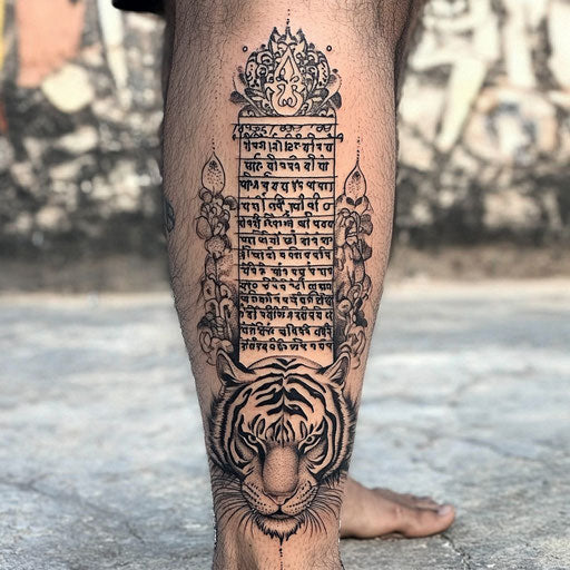 Sak yant tattoo with tiger and sacred text, Ami James style