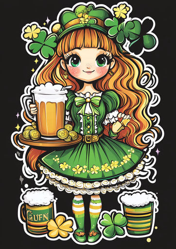 Cute leprechaun girl with gold coins, rainbow pot, anime style
