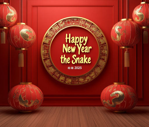 Red and gold Chinese New Year background with lanterns, snake patterns