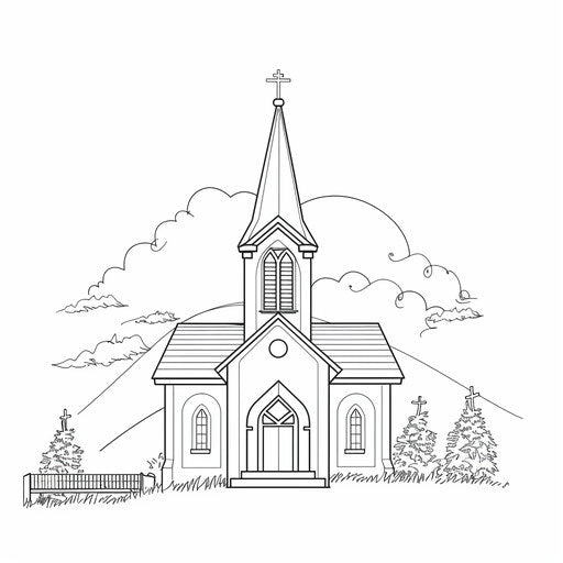 Country church with steeple, coloring book page