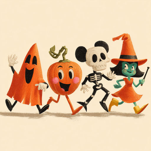 Cheerful Halloween Characters in Retro Style