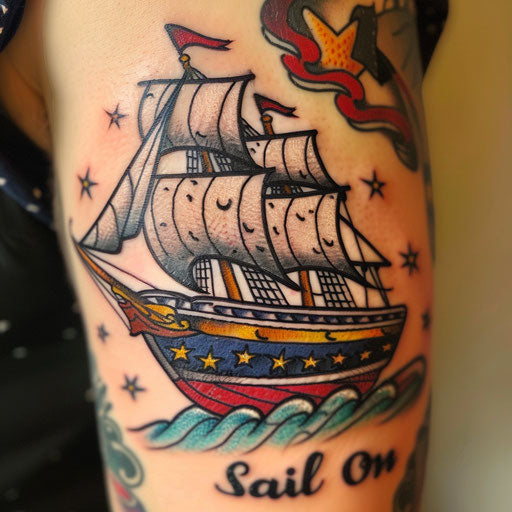 Tattoo of a classic ship with the phrase Sail On, in the style of Sailor Jerry