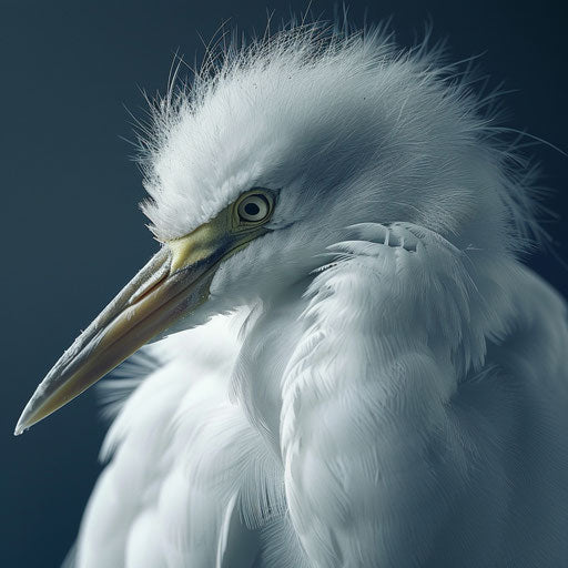 Close-up portrait of an egret bird in the style of Tim Flach