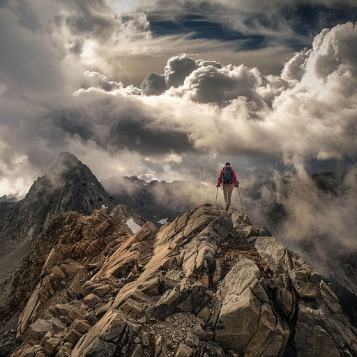 Mountain climber under dramatic clouds