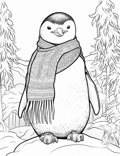 Penguin coloring page in winter with a scarf, precisionist lines style, low resolution 24:31