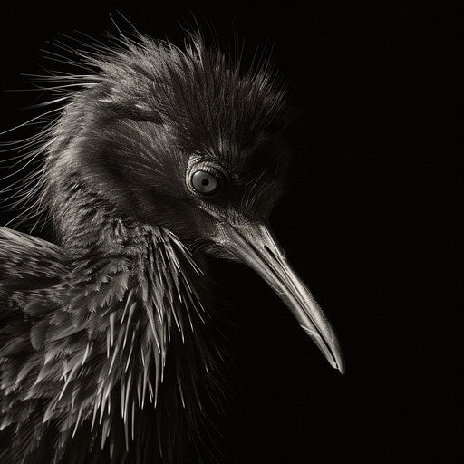 Black and white portrait of a kiwi, highlighting its delicate features