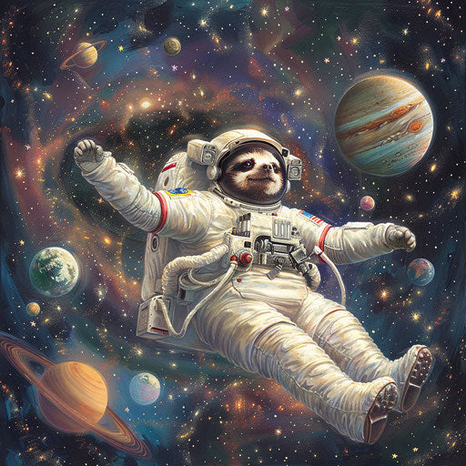 Sloth astronaut floating in space curiously looking at Earth