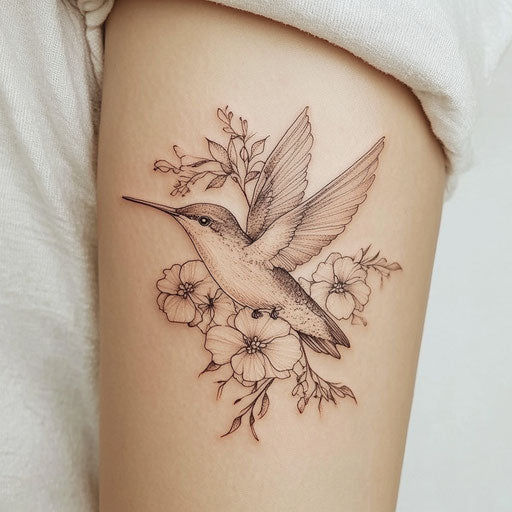 Delicate upper arm tattoo with hummingbird and flowers