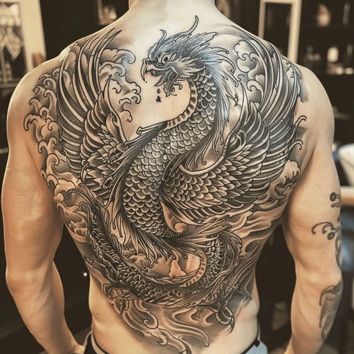 spiritual tattoos of a rising phoenix, in the style of Guy Aitchison, on the back