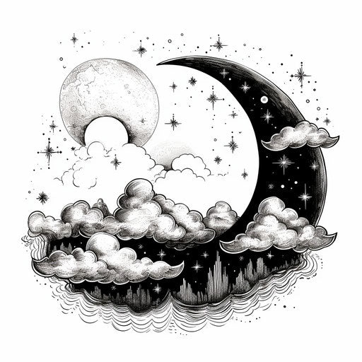 Crescent and clouds in soggy vintage comic style