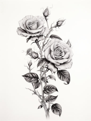 Black and white roses in pencil, bronze, airbrush, lyrical motifs