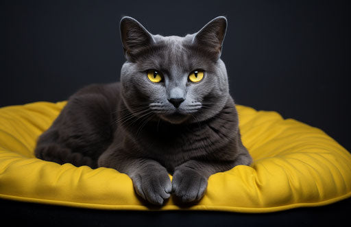 Grey cat on padded cat bed, dark azure and yellow style