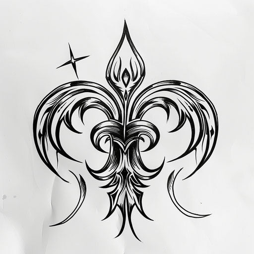 Bold and graphic tattoo sketch of a fleur de lis in tribal style with sharp black outlines
