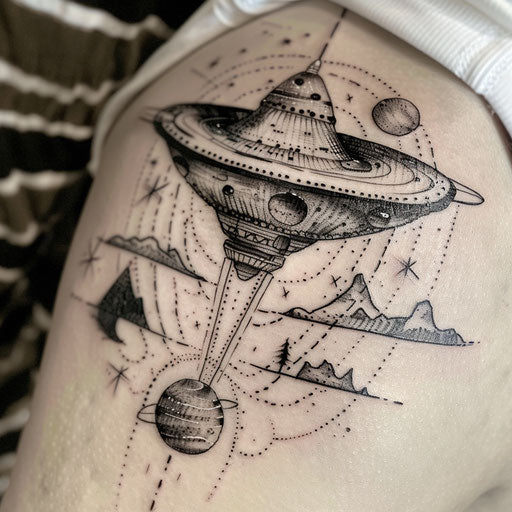 Surrealistic UFO tattoo with flying saucer theme on white backdrop