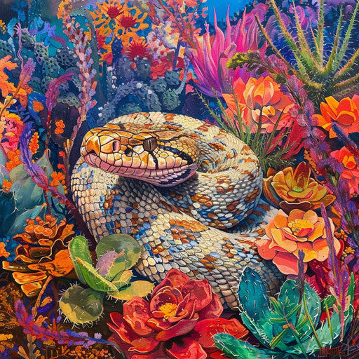 Rattlesnake among vibrant desert flora