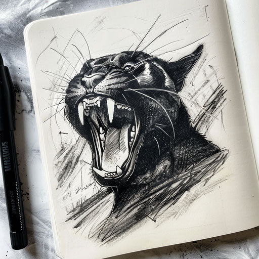 Roaring black panther on a sketchbook page