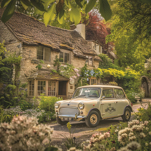 Meticulously restored 1980 Mini Cooper next to quaint English cottage and lush garden.