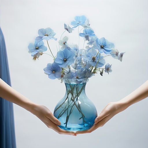 Vase of blue flowers, light cyan and blue style