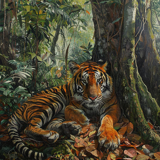 Sumatran tiger resting under giant fig tree