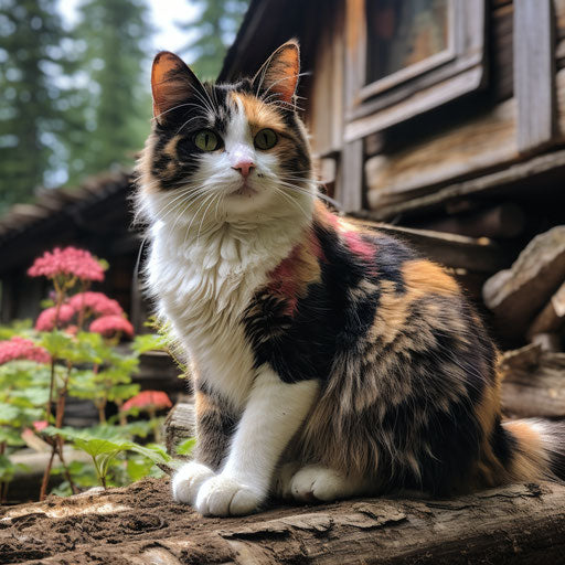 Calico cat in front of a log cabin
