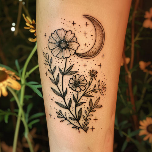 Wildflower and moon tattoo, celestial elements, night sky