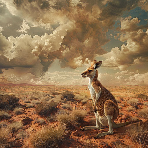 Red kangaroo in a surreal desert landscape, in the style of Simen Johan
