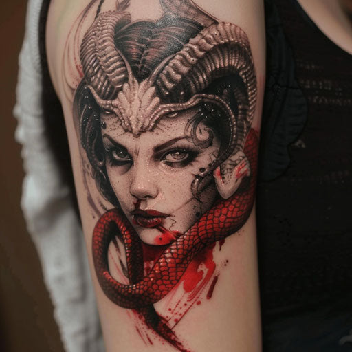 Red tattoos with dark surrealism, in the style of Gerald Brom