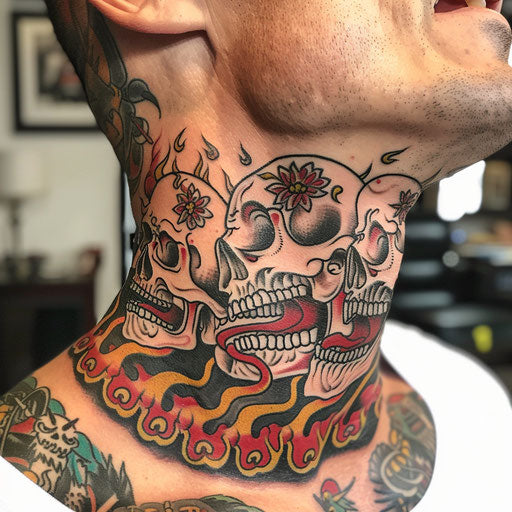 Men's neck tattoo with traditional skulls and flames