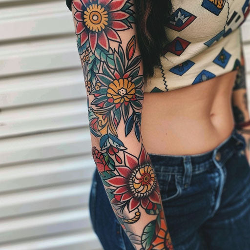 Colorful sleeve tattoos for women with traditional American themes
