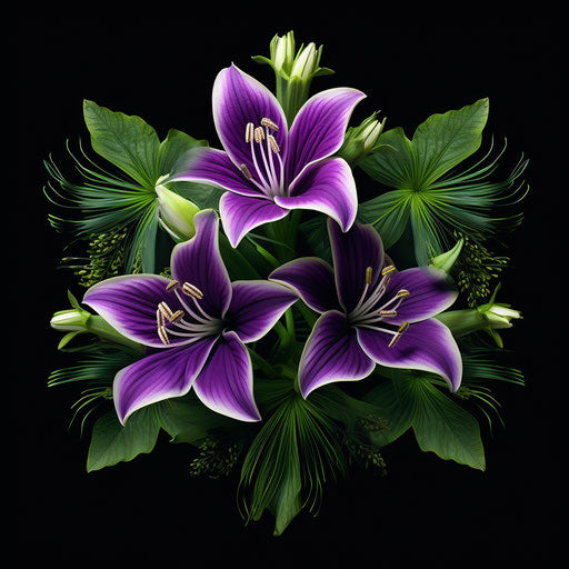 Two purple flowers in greenery, paleocore style, symmetrical asymmetry