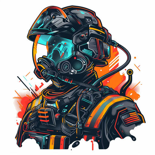Futuristic flat tattoo sketch of a firefighter