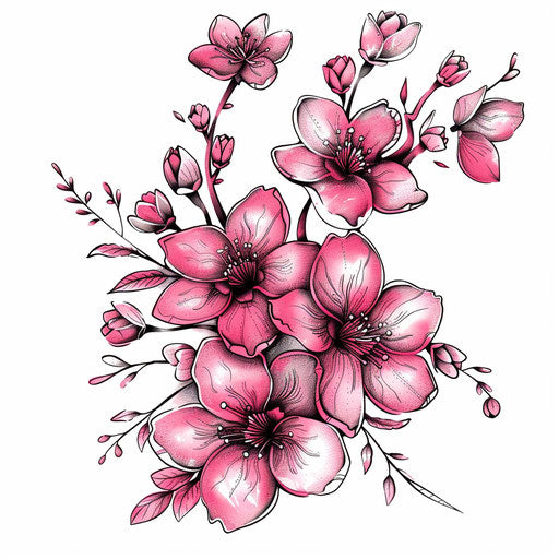 Detailed Japanese cherry blossom tattoo design, vivid pink