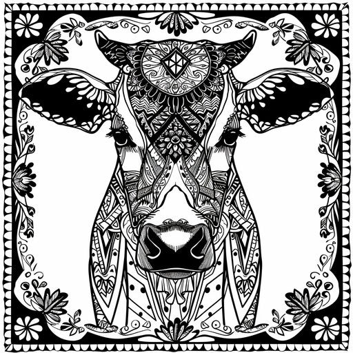 Cow adorned with geometric tribal designs. Coloring book page