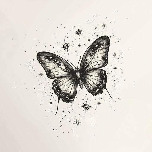 Butterfly surrounded by shiny stars on pure white background