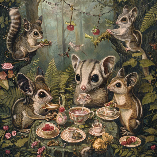 A sugar glider participating in a tea party with other forest creatures