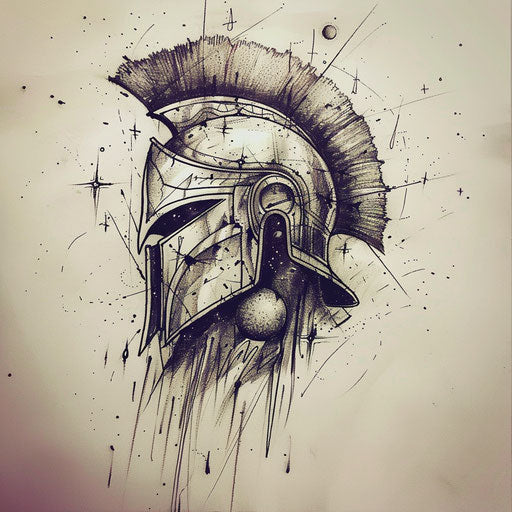 Celestial-themed spartan helmet tattoo sketch